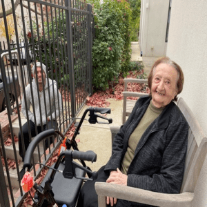 Resident Helen Soldatis having a gate visit during lockdown